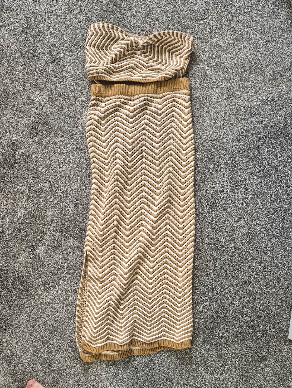 Chevron Knit Maxi Skirt And Bralette in Tan and White